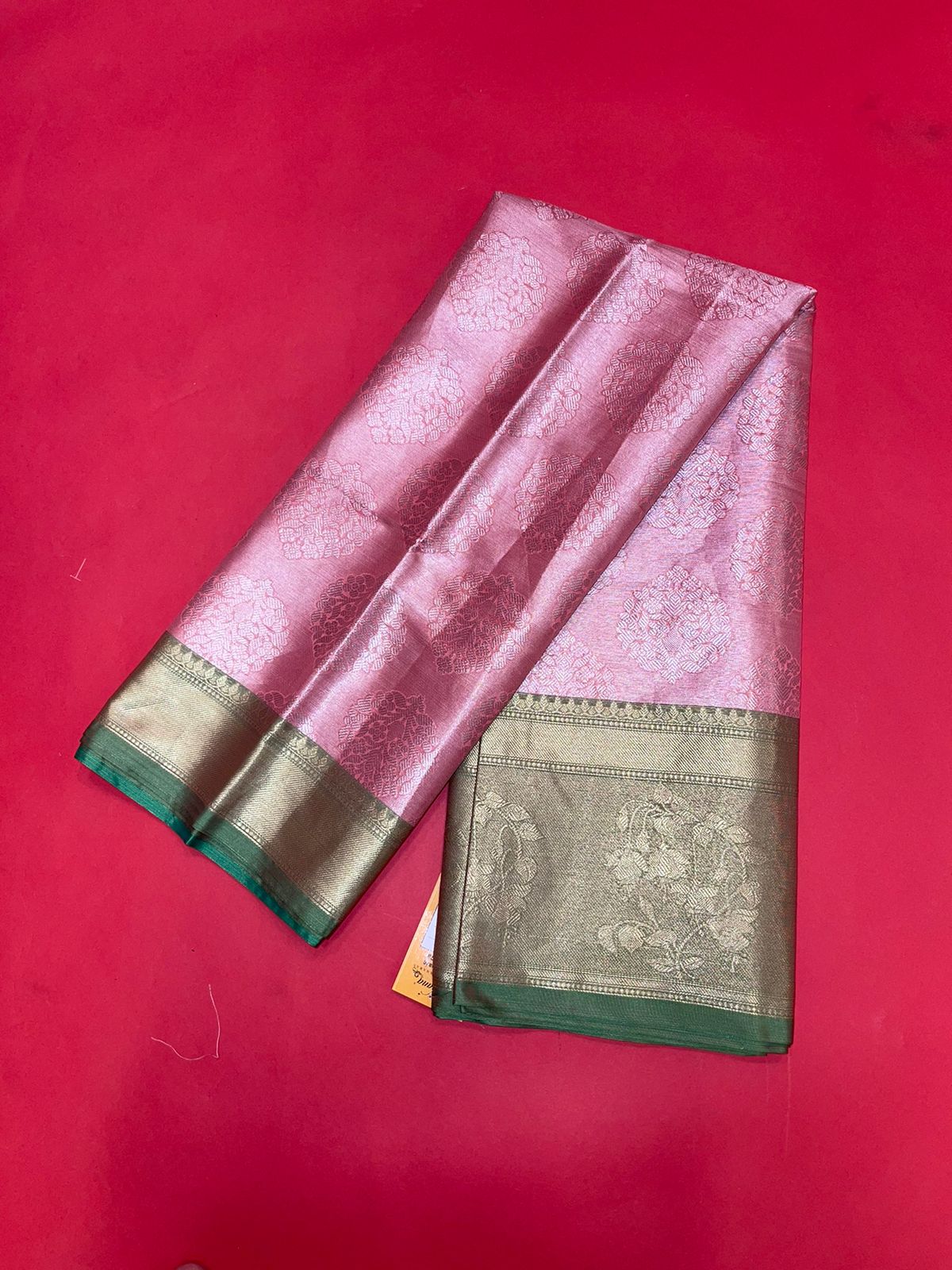 Faishana Presents Pink Silver Zari Kanchi Silk Contrast Brocade Contrast Green Zari Pattu Border Banarasi Saree