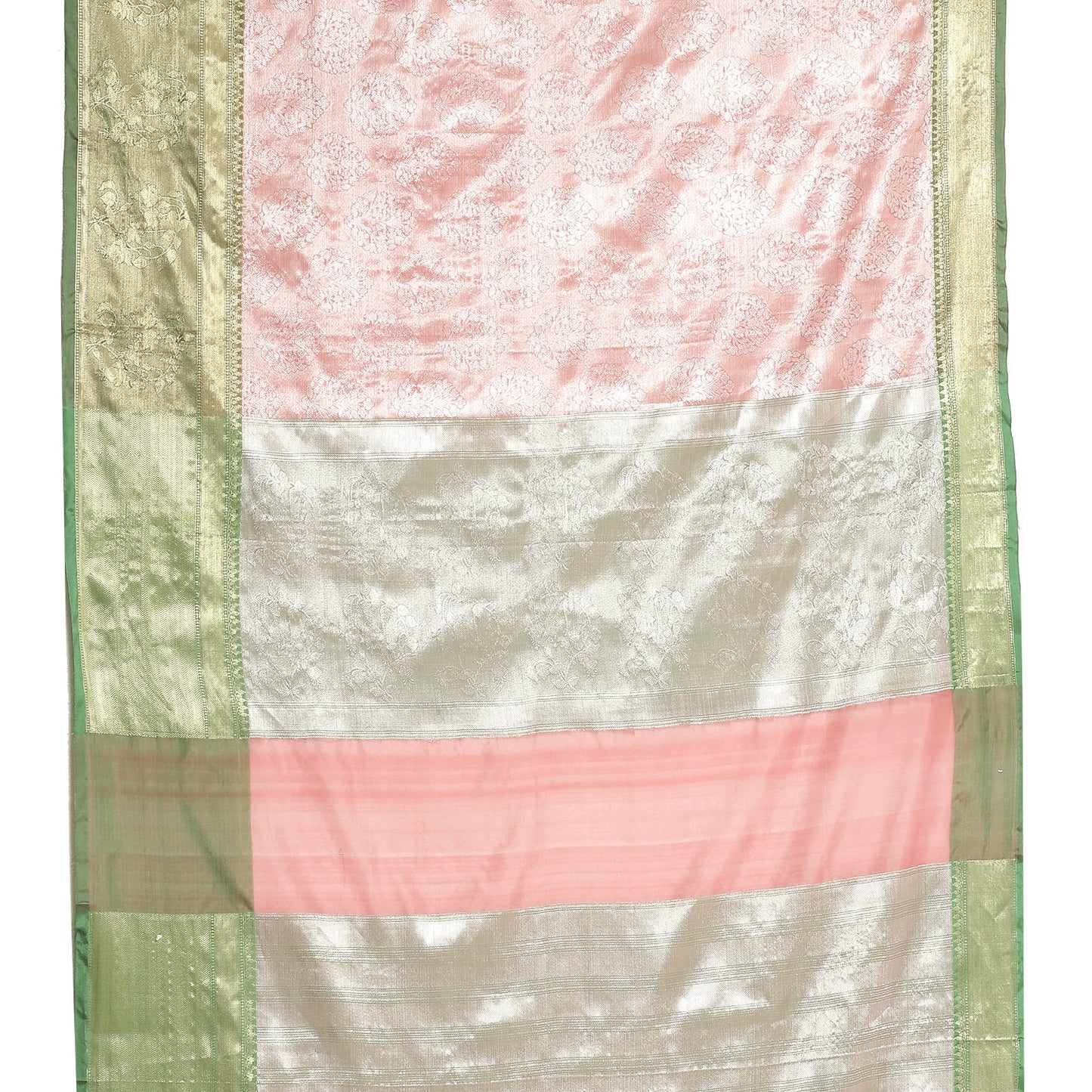 Faishana Presents Pink Silver Zari Kanchi Silk Contrast Brocade Contrast Green Zari Pattu Border Banarasi Saree