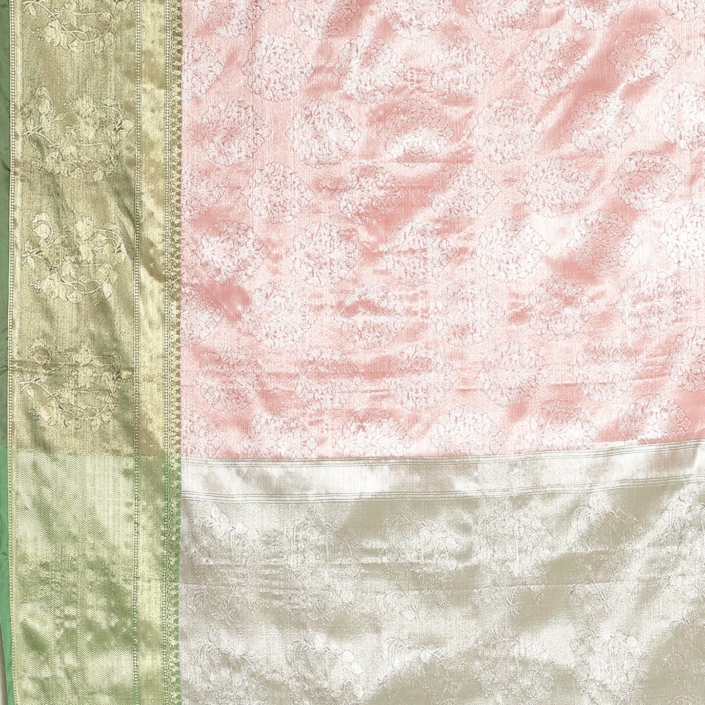 Faishana Presents Pink Silver Zari Kanchi Silk Contrast Brocade Contrast Green Zari Pattu Border Banarasi Saree