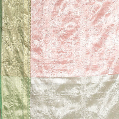 Faishana Presents Pink Silver Zari Kanchi Silk Contrast Brocade Contrast Green Zari Pattu Border Banarasi Saree