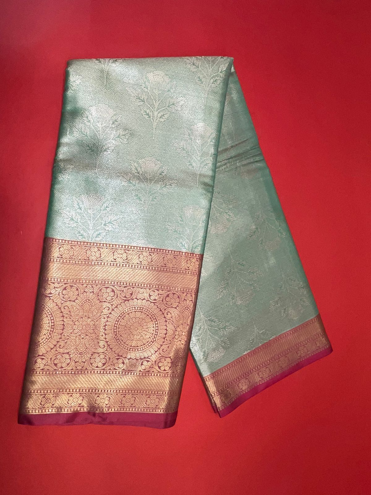 Faishana Presents Seagreen Silver Zari Kanchi Silk Brocade Contrast Pink Zari Pattu Border Banarasi Saree