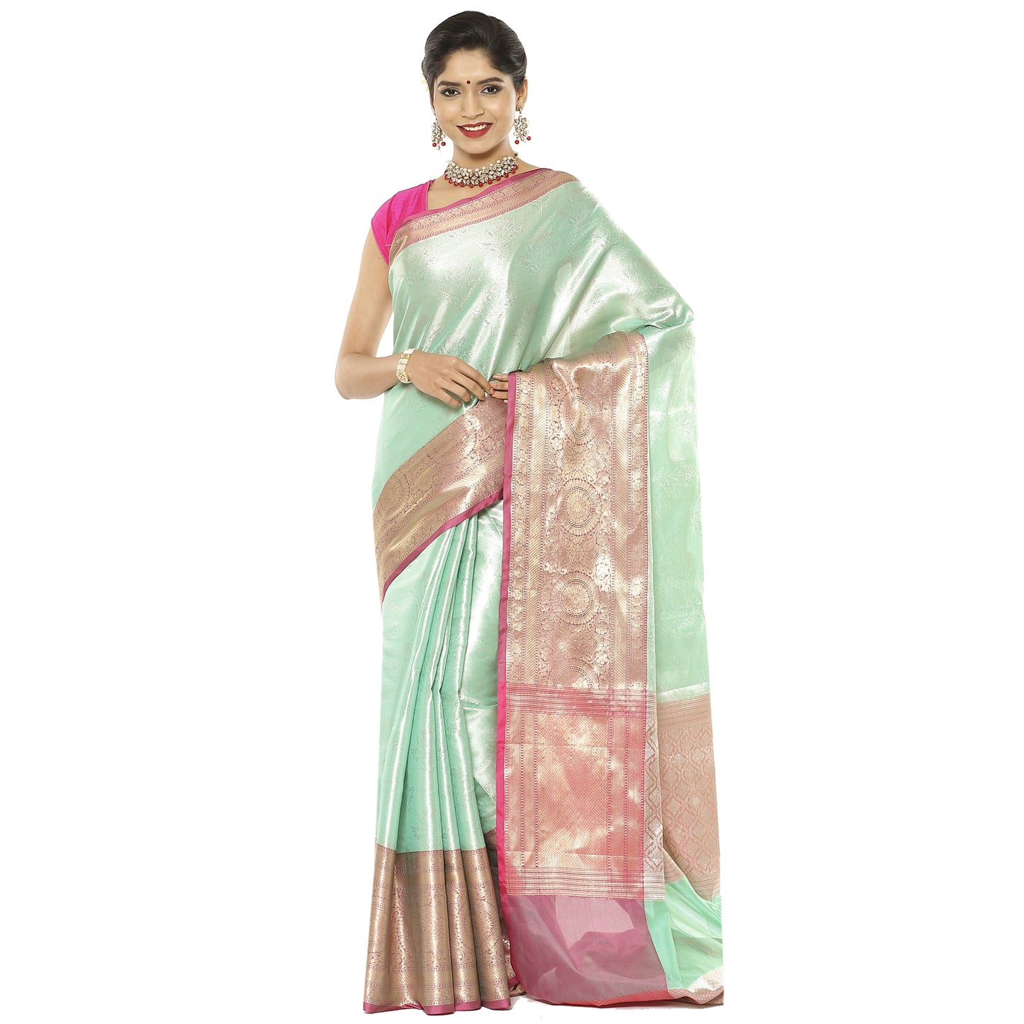 Faishana Presents Seagreen Silver Zari Kanchi Silk Brocade Contrast Pink Zari Pattu Border Banarasi Saree