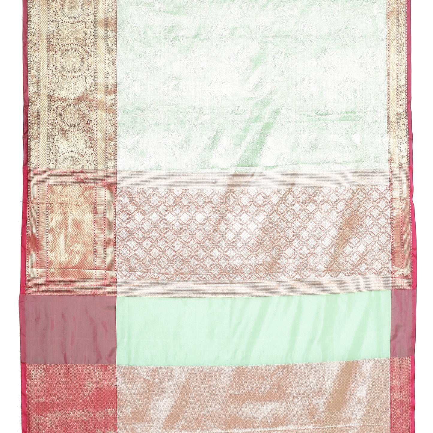 Faishana Presents Seagreen Silver Zari Kanchi Silk Brocade Contrast Pink Zari Pattu Border Banarasi Saree