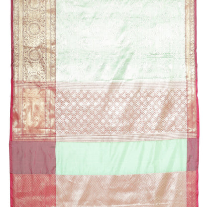 Faishana Presents Seagreen Silver Zari Kanchi Silk Brocade Contrast Pink Zari Pattu Border Banarasi Saree