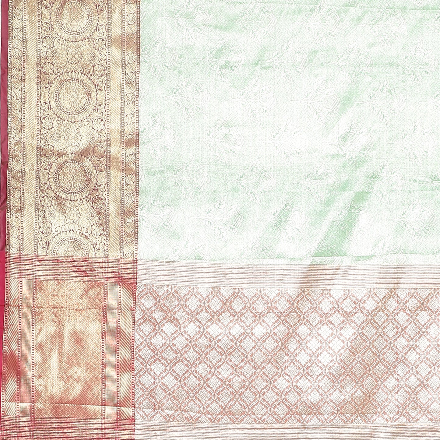 Faishana Presents Seagreen Silver Zari Kanchi Silk Brocade Contrast Pink Zari Pattu Border Banarasi Saree