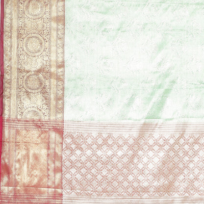 Faishana Presents Seagreen Silver Zari Kanchi Silk Brocade Contrast Pink Zari Pattu Border Banarasi Saree