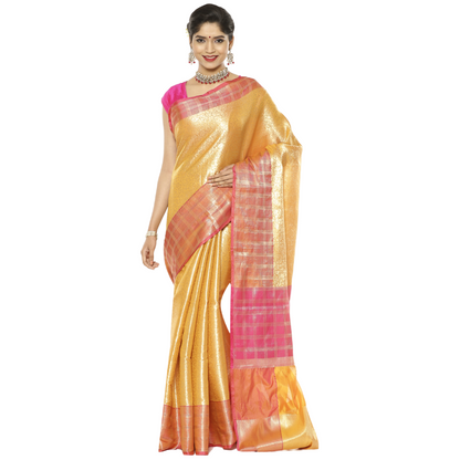 Faishana Presents Orange Zari Kanchi Silk Brocade Contrast Pink Zari Pattu Border Banarasi Saree