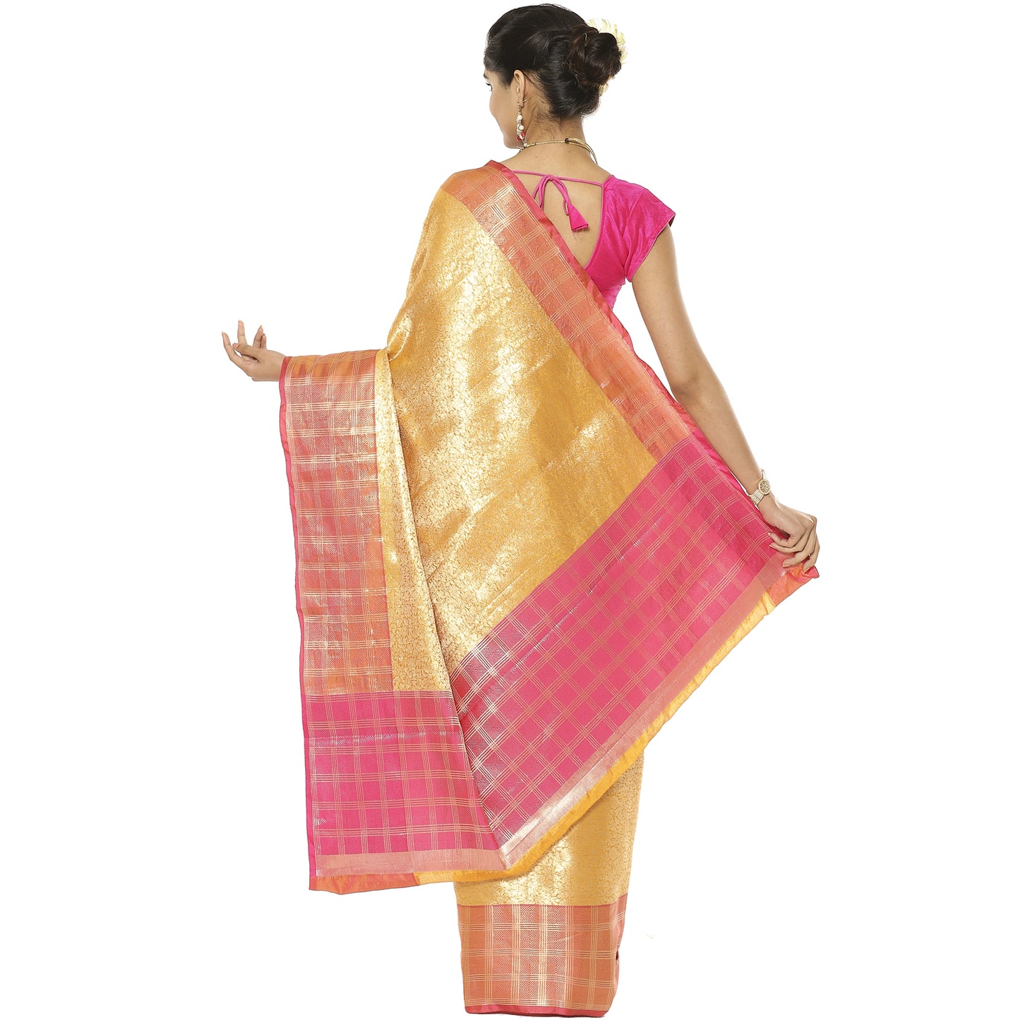 Faishana Presents Orange Zari Kanchi Silk Brocade Contrast Pink Zari Pattu Border Banarasi Saree