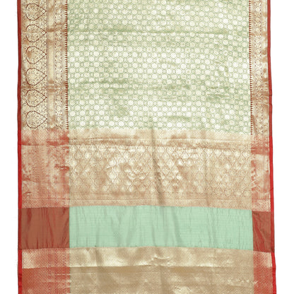 Faishana Presents Green Zari Kanchi Silk Brocade Contrast Maroon Zari Pattu Border Banarasi Saree