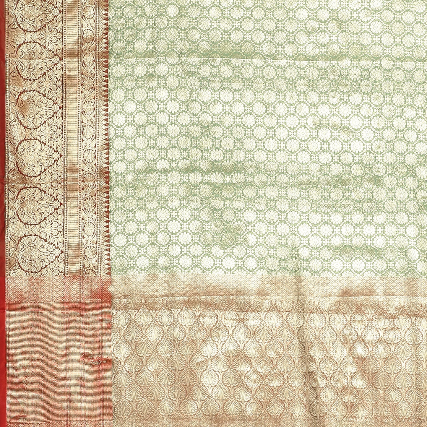 Faishana Presents Green Zari Kanchi Silk Brocade Contrast Maroon Zari Pattu Border Banarasi Saree
