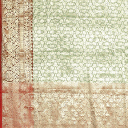 Faishana Presents Green Zari Kanchi Silk Brocade Contrast Maroon Zari Pattu Border Banarasi Saree
