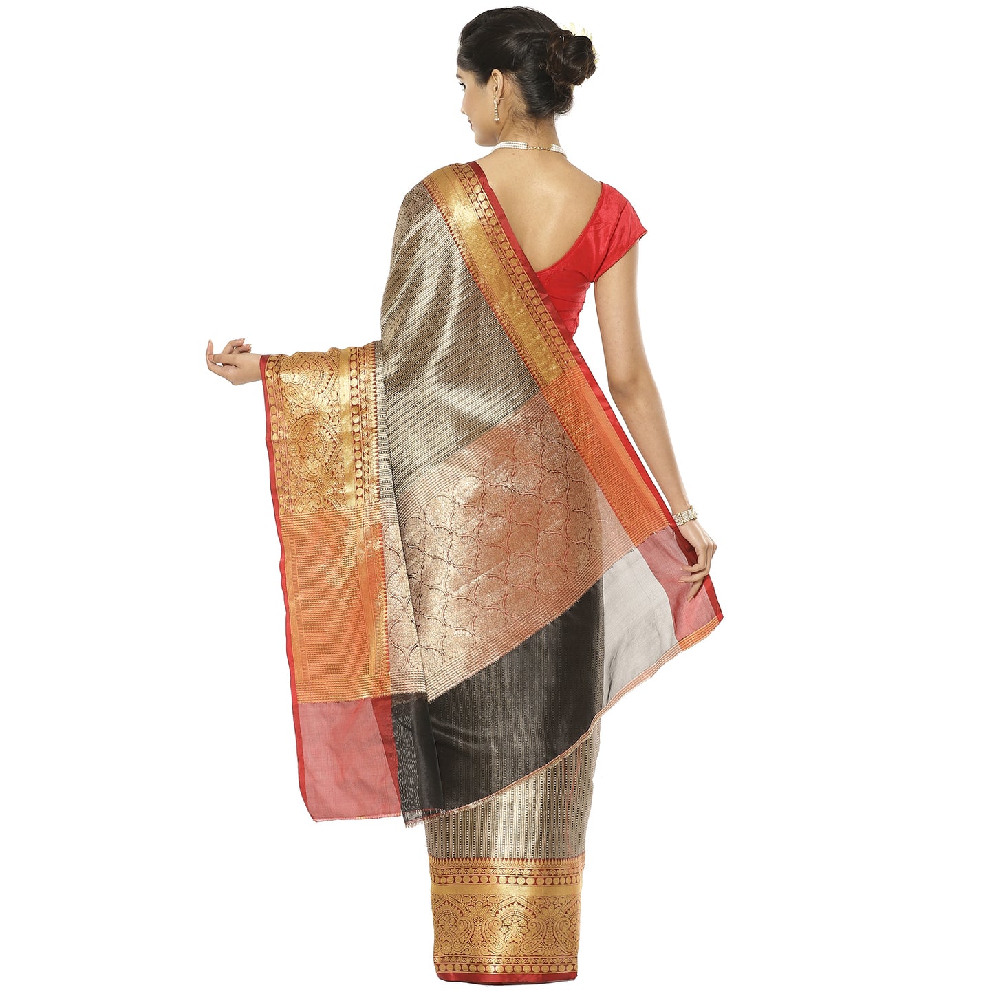 Faishana Presents Black Zari Kanchi Silk Brocade Contrast Maroon Zari Pattu Border Banarasi Saree