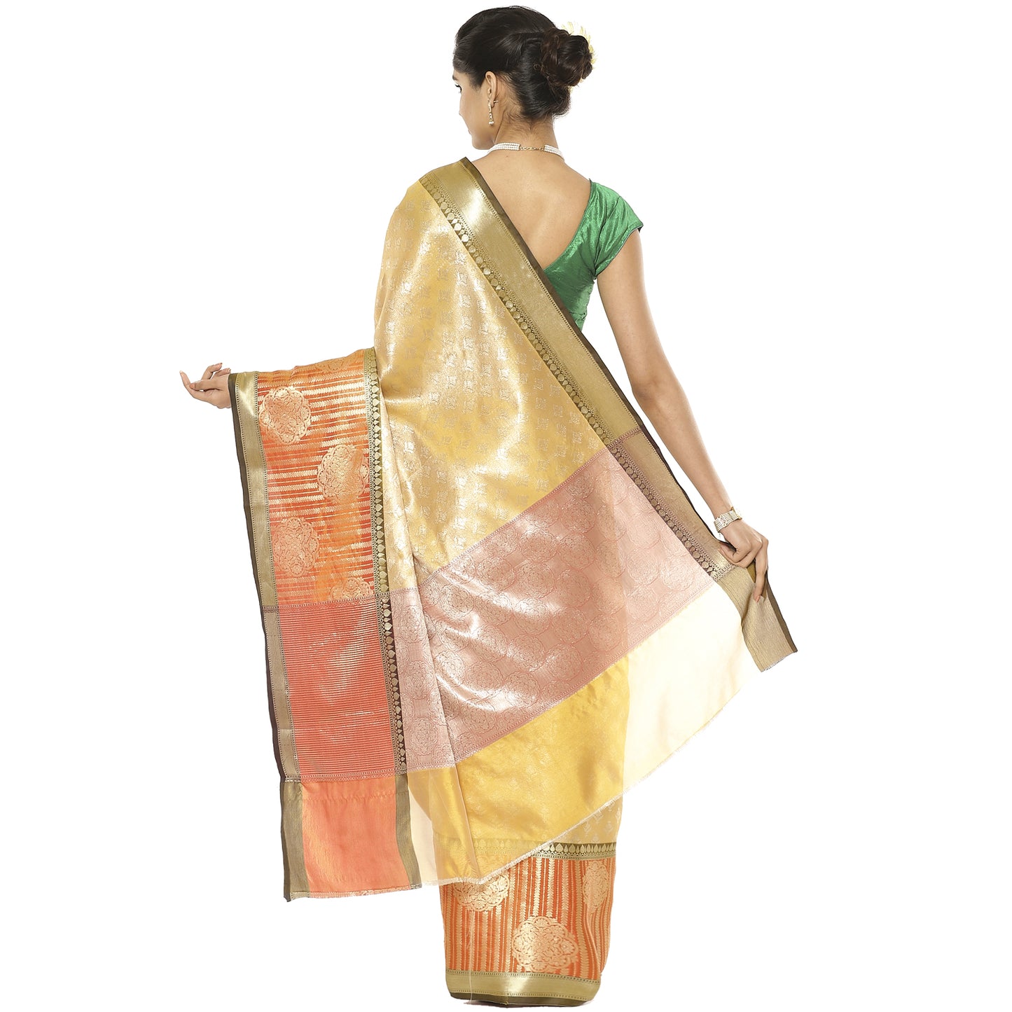 Faishana Presents Beige Silver Zari Kanchi Silk Brocade Contrast Orange Zari Pattu Border Banarasi Saree