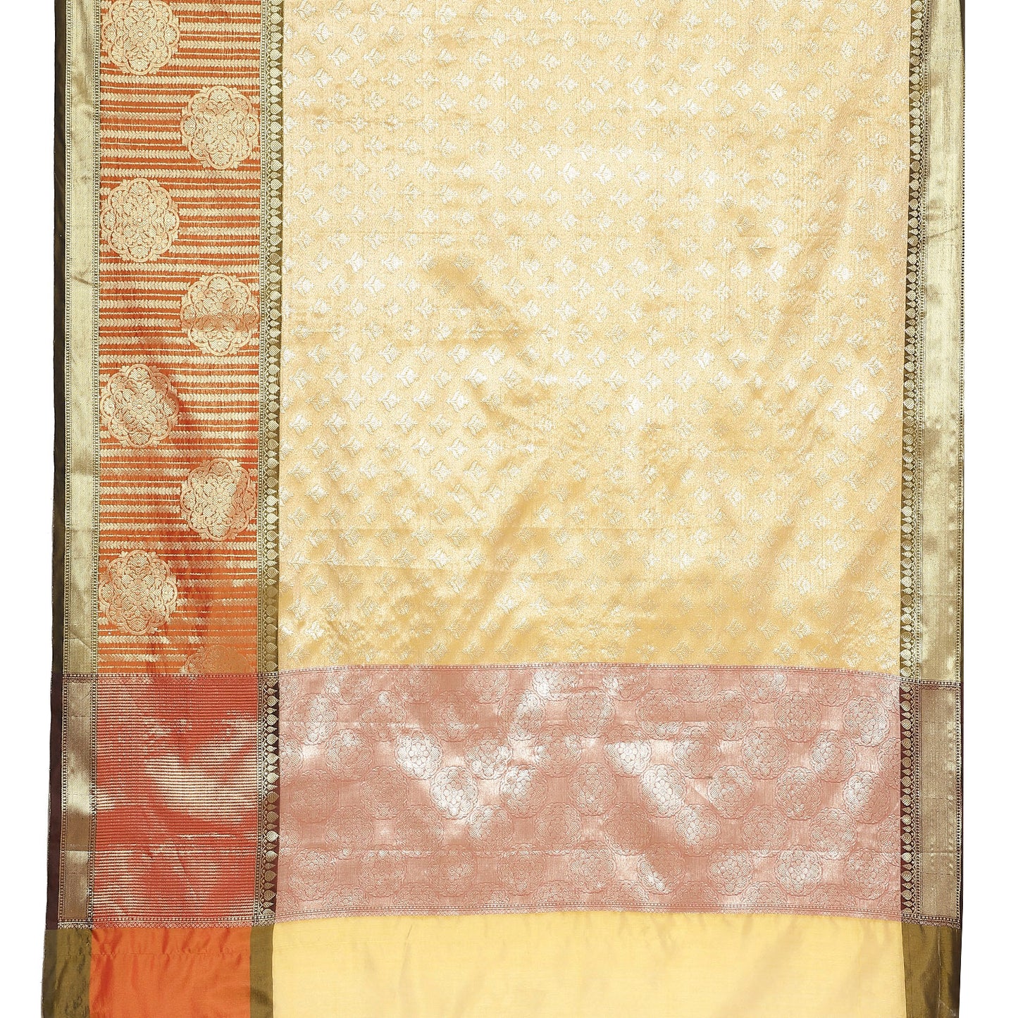 Faishana Presents Beige Silver Zari Kanchi Silk Brocade Contrast Orange Zari Pattu Border Banarasi Saree