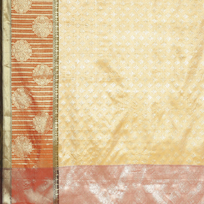 Faishana Presents Beige Silver Zari Kanchi Silk Brocade Contrast Orange Zari Pattu Border Banarasi Saree
