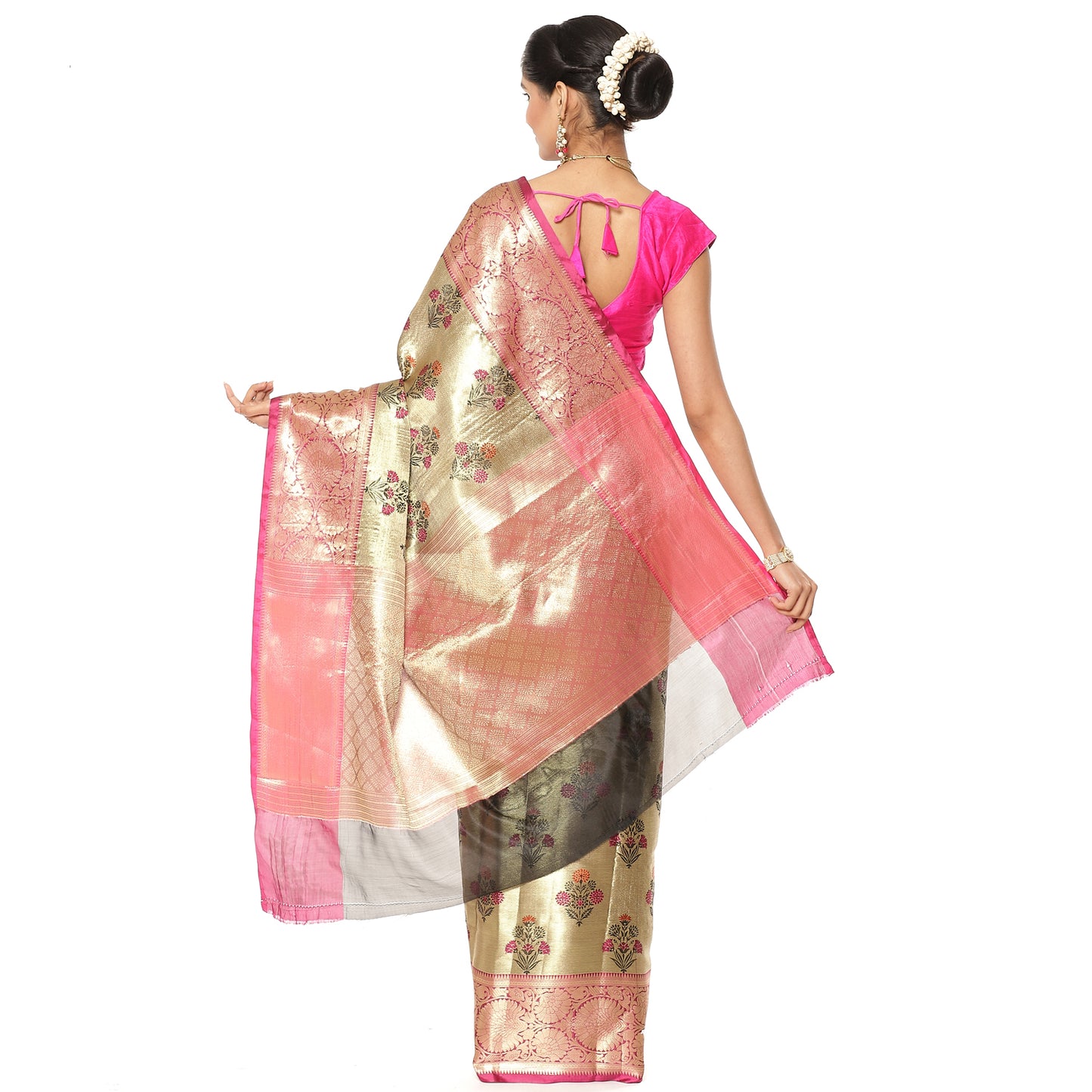 Faishana Presents Light Gold Zari Meena Paithani Brocade Contrast Pink Pattu Border Banarasi Saree
