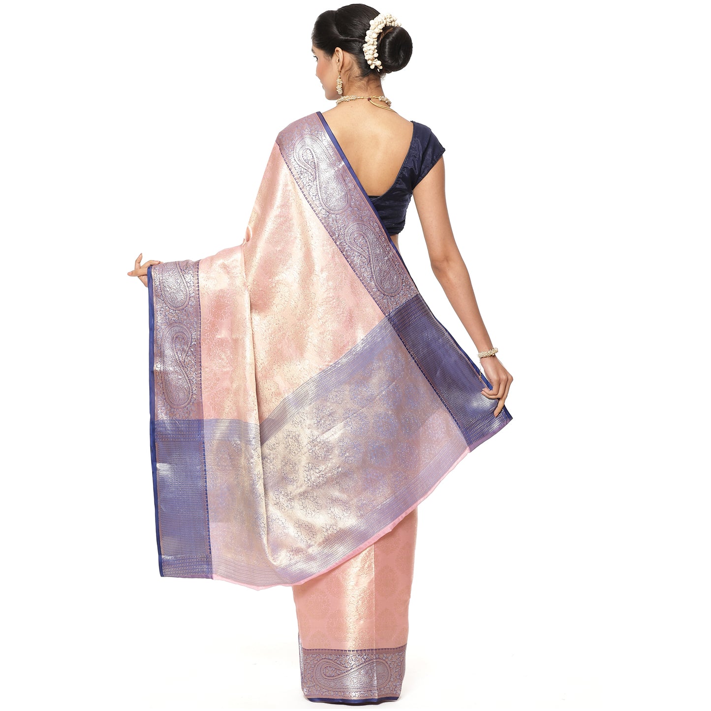 Faishana Presents Zari Pink Kanchi Silk Brocade Contrast Silver Gold Zari Jamawar Border Saree