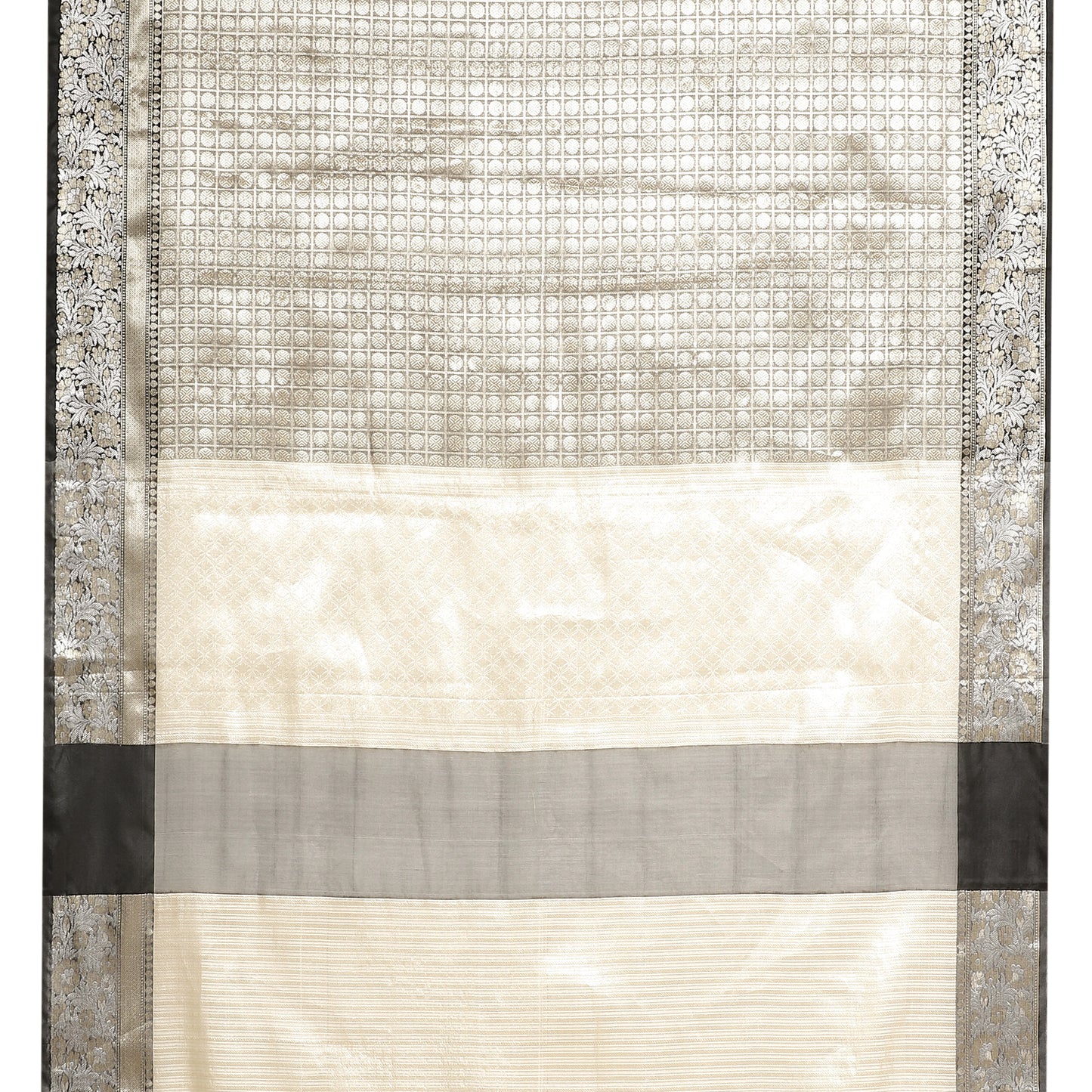 Faishana Presents Silver Zari Kanchi Silk Brocade Contrast Silver Zari Jamawar Black Border Saree