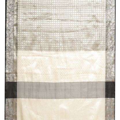 Faishana Presents Silver Zari Kanchi Silk Brocade Contrast Silver Zari Jamawar Black Border Saree