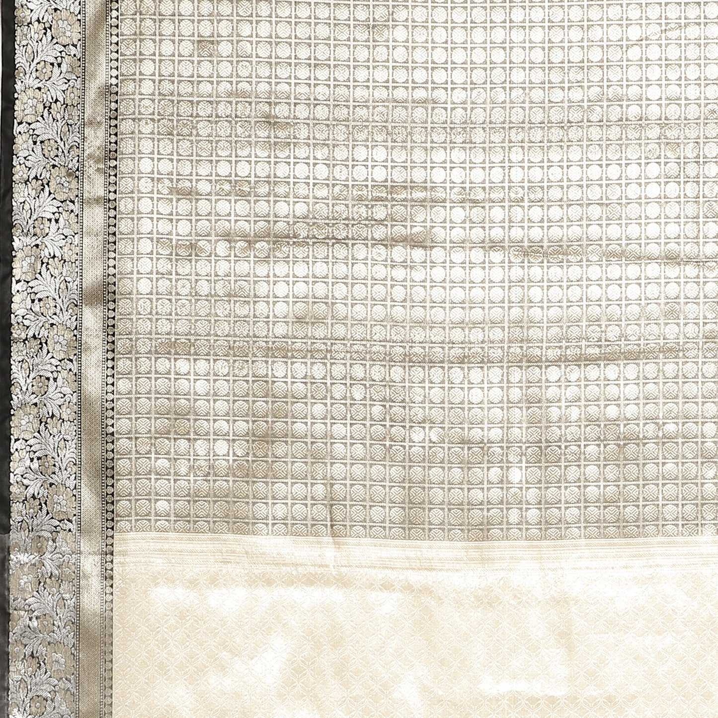 Faishana Presents Silver Zari Kanchi Silk Brocade Contrast Silver Zari Jamawar Black Border Saree