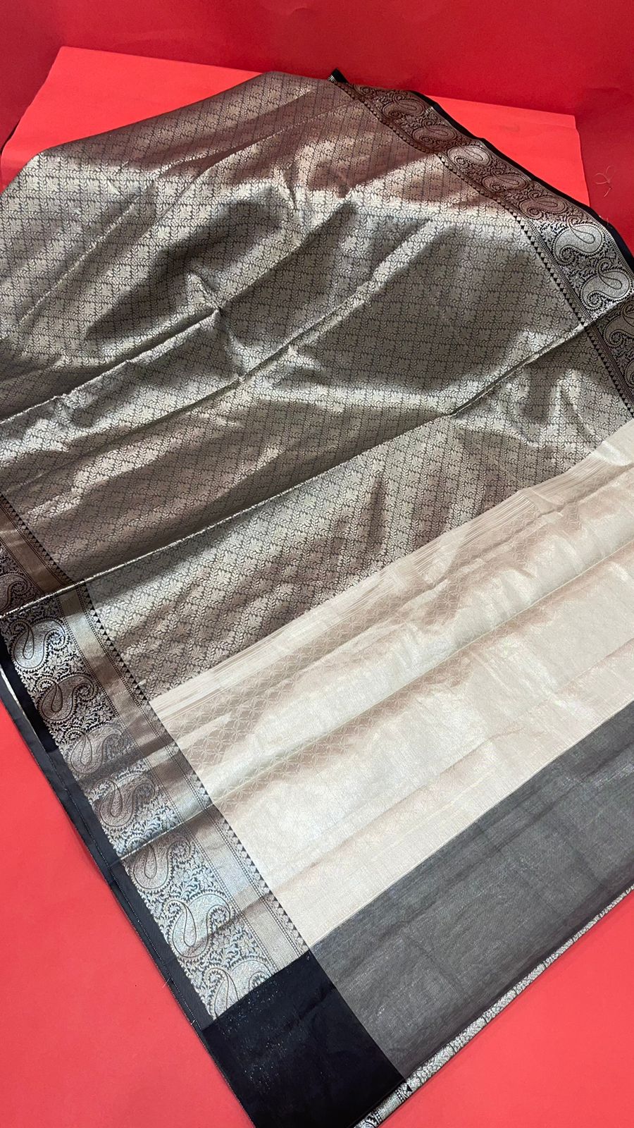 Faishana Presents Black Zari Kanchi Silk Brocade Contrast Silver Gold Jamawar Border Banarasi Saree