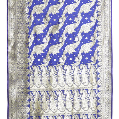 Faishana Presents Blue Satin Silk Diagonal Zari Mughal Motif with Skirt Blue Border Banarasi Saree