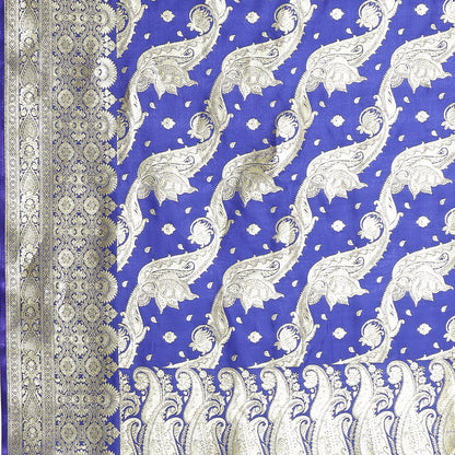 Faishana Presents Blue Ada Cross Mughal Motif Banarasi Satin Silk Saree With Skirt Blue Border Banarasi Saree