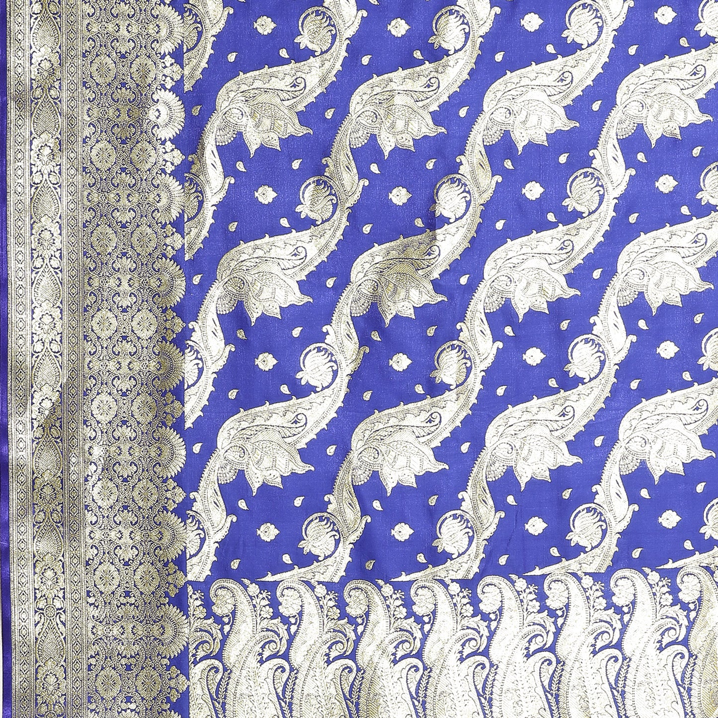 Faishana Presents Blue Satin Silk Diagonal Zari Mughal Motif with Skirt Blue Border Banarasi Saree