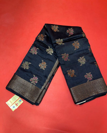 Faishana Presents Pure Handloom Black Munga Silk Floral Minakari Zari Booti Banarasi Floral Jaal Pallu with Black Blouse Piece