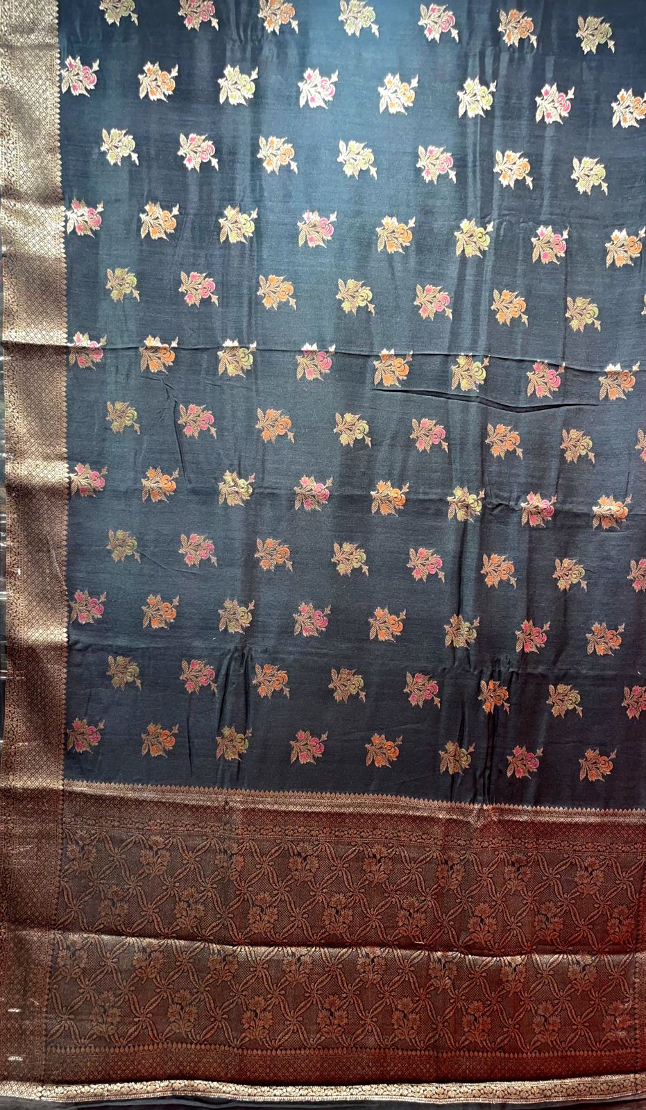 Faishana Presents Pure Handloom Black Munga Silk Floral Minakari Zari Booti Banarasi Floral Jaal Pallu with Black Blouse Piece