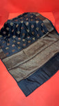 Faishana Presents Pure Handloom Black Munga Silk Floral Minakari Zari Booti Banarasi Floral Jaal Pallu with Black Blouse Piece