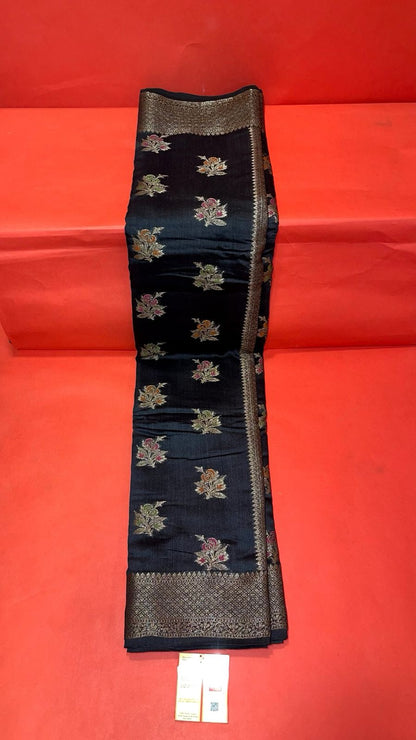 Faishana Presents Pure Handloom Black Munga Silk Floral Minakari Zari Booti Banarasi Floral Jaal Pallu with Black Blouse Piece
