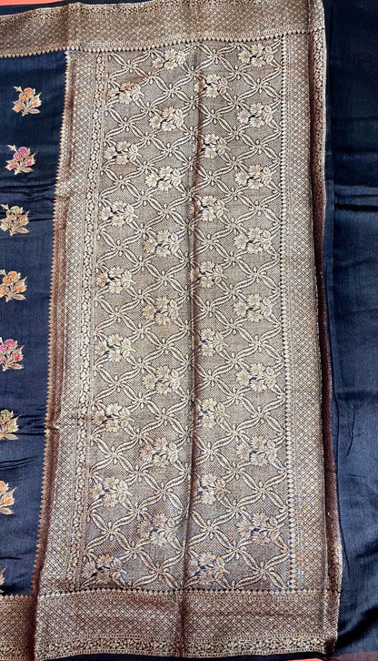 Faishana Presents Pure Handloom Black Munga Silk Floral Minakari Zari Booti Banarasi Floral Jaal Pallu with Black Blouse Piece