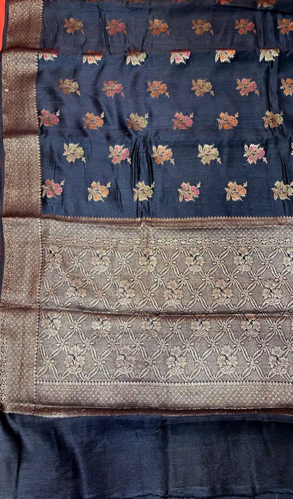 Faishana Presents Pure Handloom Black Munga Silk Floral Minakari Zari Booti Banarasi Floral Jaal Pallu with Black Blouse Piece