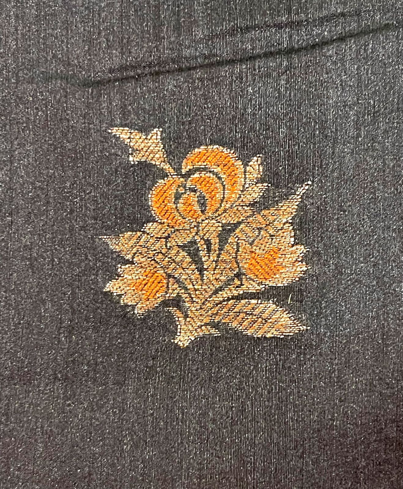 Faishana Presents Pure Handloom Black Munga Silk Floral Minakari Zari Booti Banarasi Floral Jaal Pallu with Black Blouse Piece