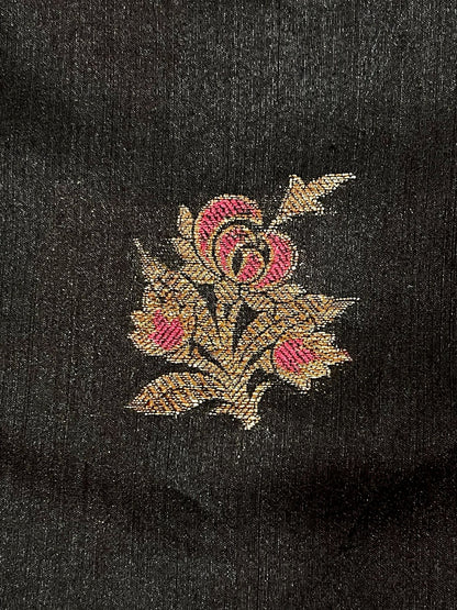 Faishana Presents Pure Handloom Black Munga Silk Floral Minakari Zari Booti Banarasi Floral Jaal Pallu with Black Blouse Piece