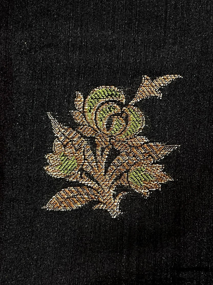Faishana Presents Pure Handloom Black Munga Silk Floral Minakari Zari Booti Banarasi Floral Jaal Pallu with Black Blouse Piece