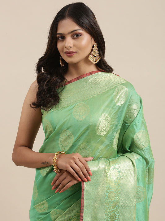Faishana Presents Handwoven Sea green Bright Silk Boota Skirt Border With Sea green Blouse Banarasi Saree