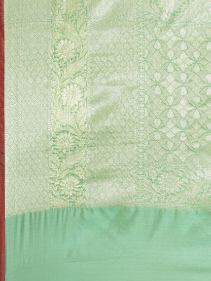 Faishana Presents Handwoven Sea green Bright Silk Boota Skirt Border With Sea green Blouse Banarasi Saree