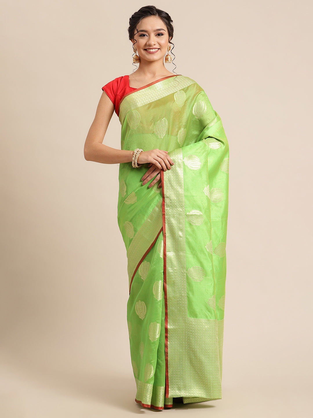 Faishana Presents Handwoven Green Bright Silk Boota Zari Border With Green Blouse Banarasi Saree