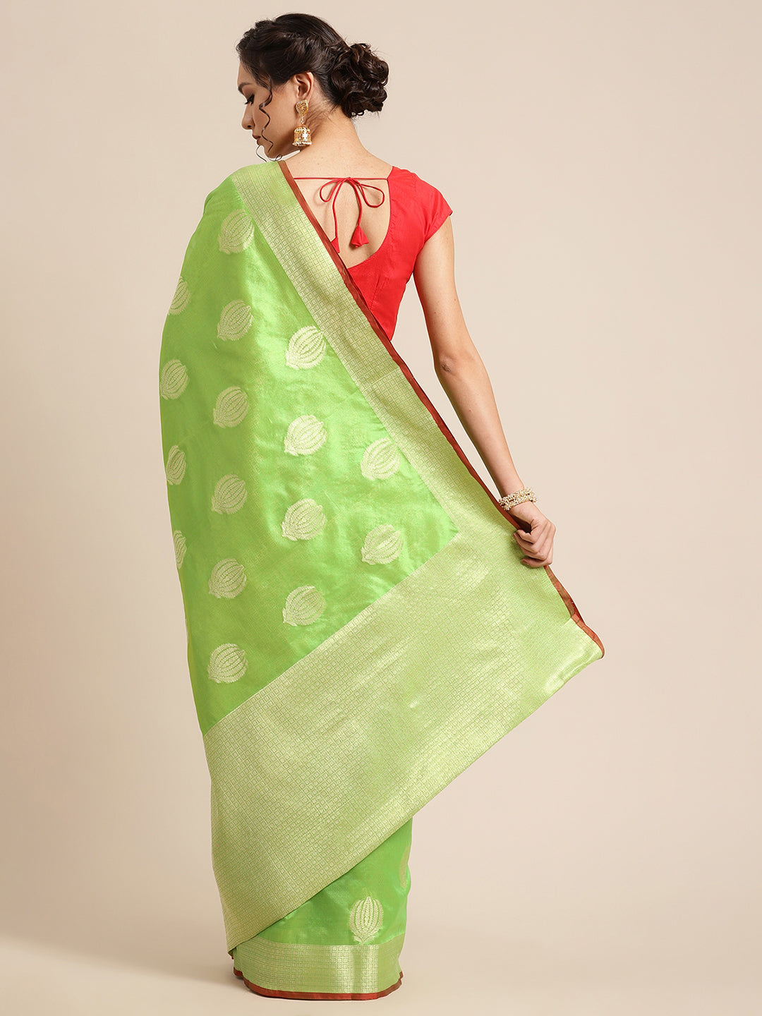 Faishana Presents Handwoven Green Bright Silk Boota Zari Border With Green Blouse Banarasi Saree