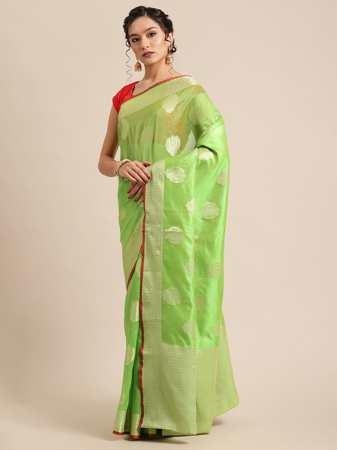 Faishana Presents Handwoven Green Bright Silk Boota Zari Border With Green Blouse Banarasi Saree