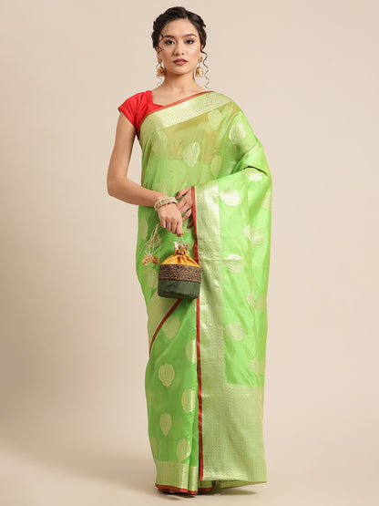 Faishana Presents Handwoven Green Bright Silk Boota Zari Border With Green Blouse Banarasi Saree