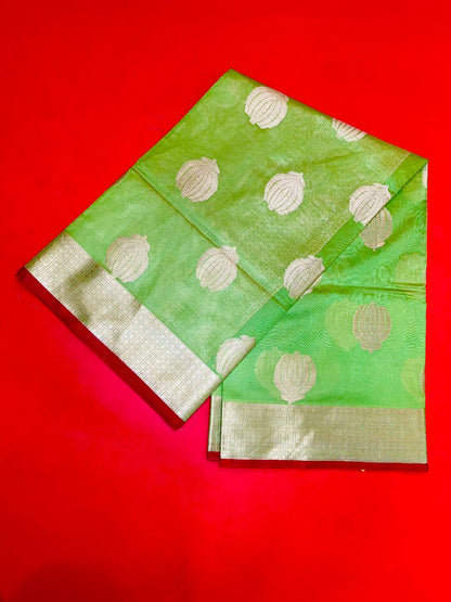 Faishana Presents Handwoven Green Bright Silk Boota Zari Border With Green Blouse Banarasi Saree