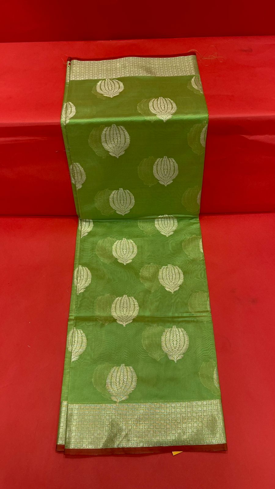 Faishana Presents Handwoven Green Bright Silk Boota Zari Border With Green Blouse Banarasi Saree