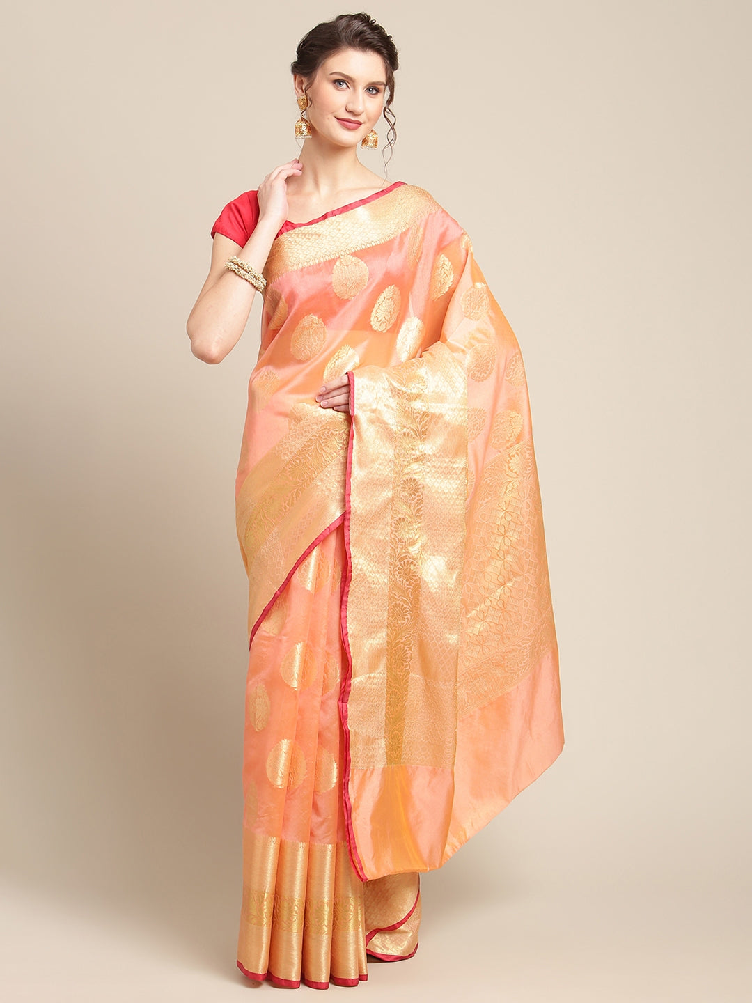 Faishana Presents Handwoven Pink Bright Silk Boota Skirt Border With Pink Blouse Banarasi Saree