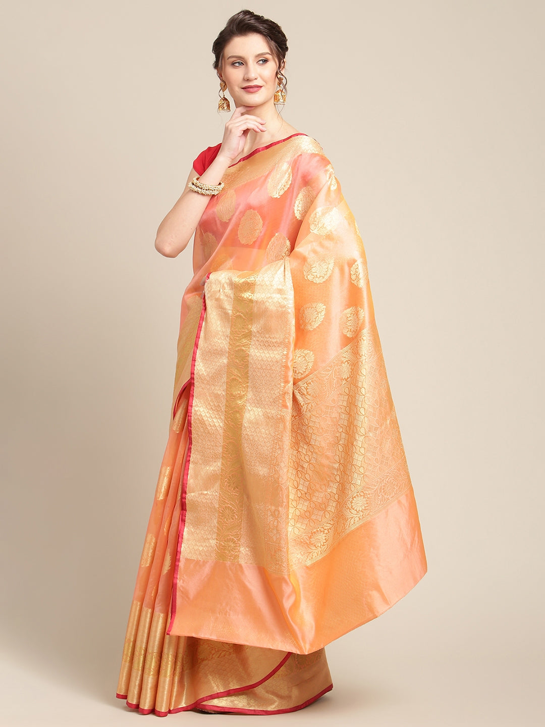 Faishana Presents Handwoven Pink Bright Silk Boota Skirt Border With Pink Blouse Banarasi Saree