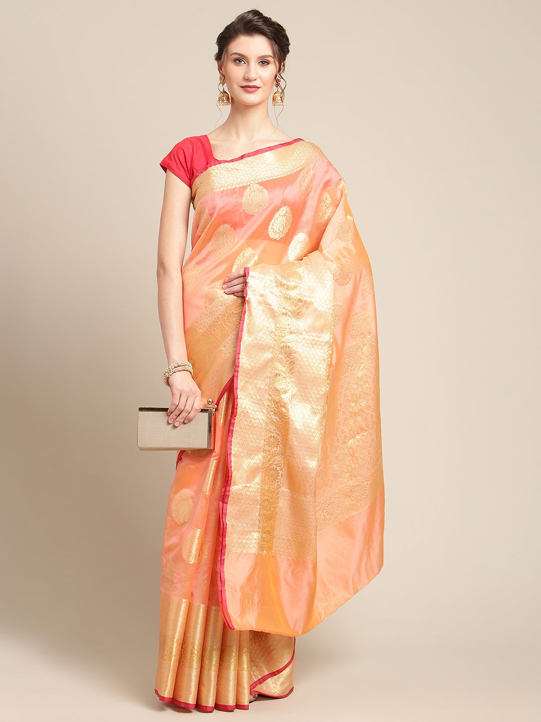 Faishana Presents Handwoven Pink Bright Silk Boota Skirt Border With Pink Blouse Banarasi Saree