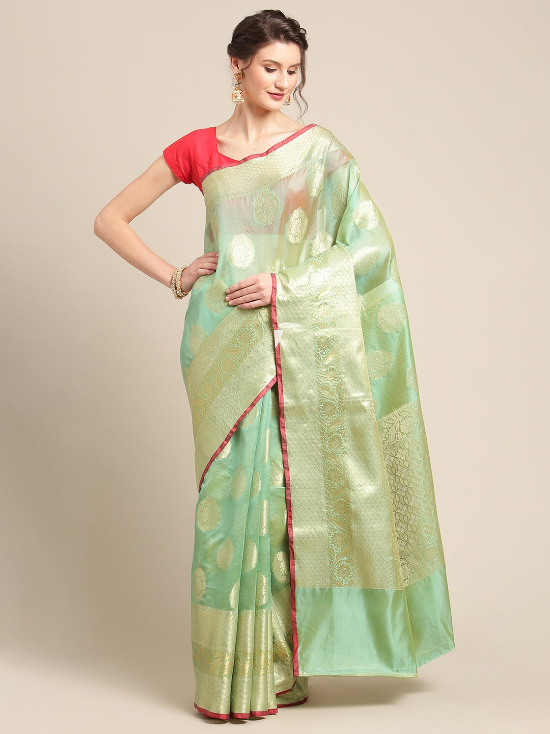 Faishana Presents Handwoven Seagreen Bright Silk Boota Skirt Border With Seagreen Blouse Banarasi Saree