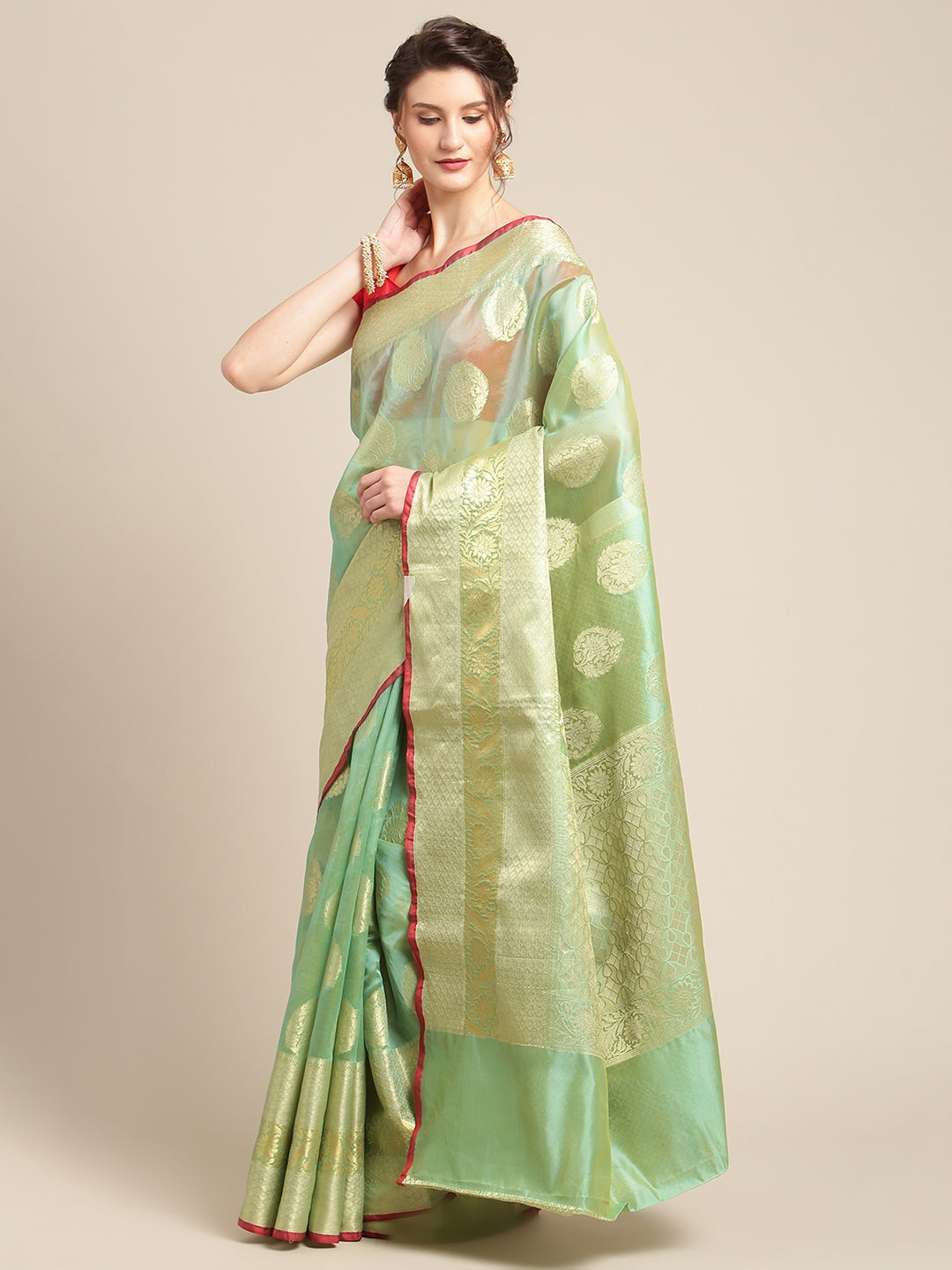 Faishana Presents Handwoven Seagreen Bright Silk Boota Skirt Border With Seagreen Blouse Banarasi Saree
